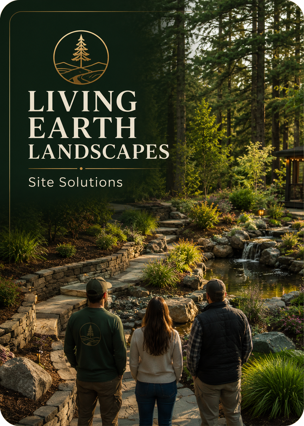 Three people walking along a landscaped garden with a pond, rocks, and trees during sunset.