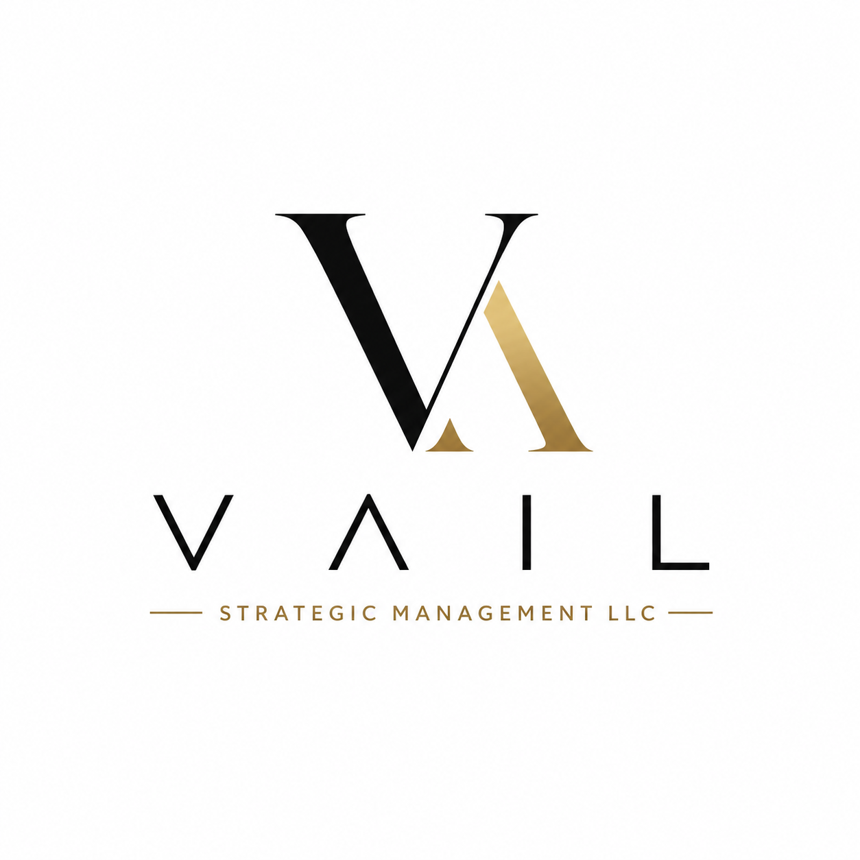 Logo for Vail Strategic Management LLC featuring a stylized black and gold 'V' and 'A' with the company name underneath.