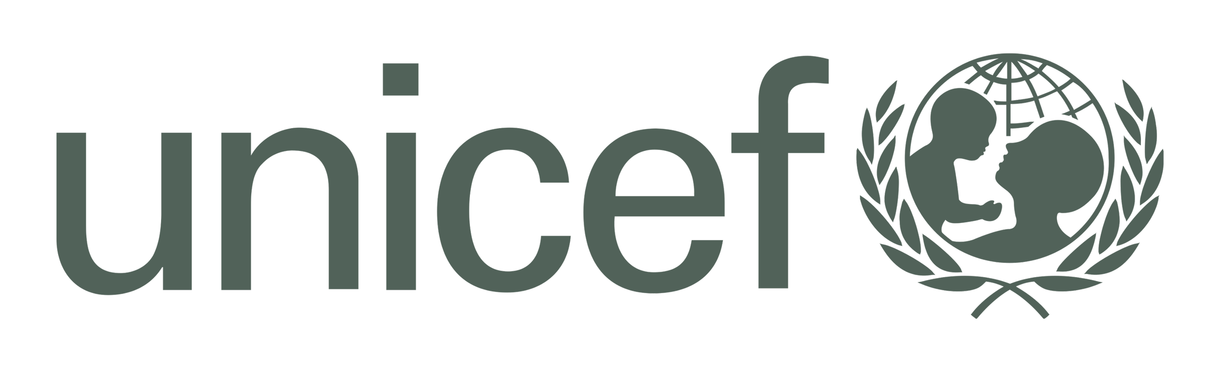 UNICEF logo with the word 'unicef' in lowercase letters and a globe with a child and an adult figure encircled by a laurel wreath.
