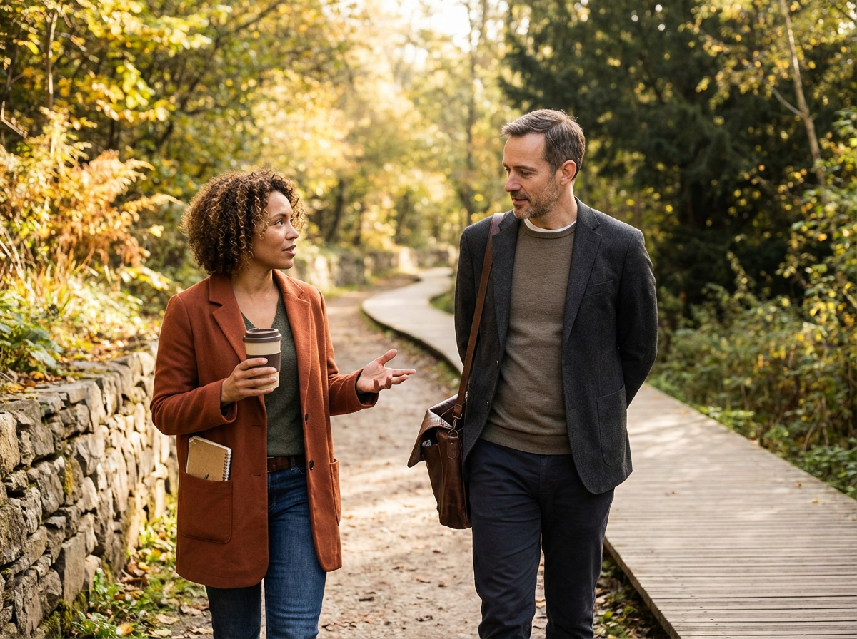 A woman and man walking and having a conversation on a park trail during autumn.