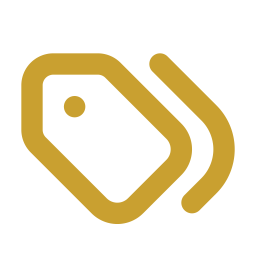 Icon of a price tag in gold color with two arrows.
