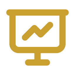 A presentation screen with an upward trending graph in gold color.