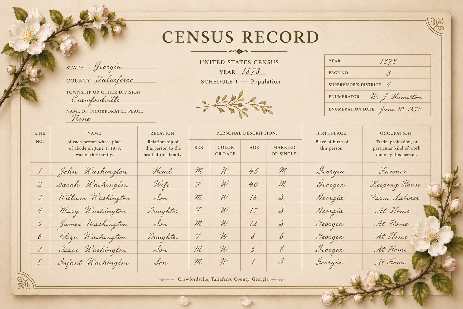 A historic census record from 1878 for Taliaferro County, Georgia, listing family members including John Washington, Sarah Washington, William Washington, and others, with floral decorations in the corners and along the sides.