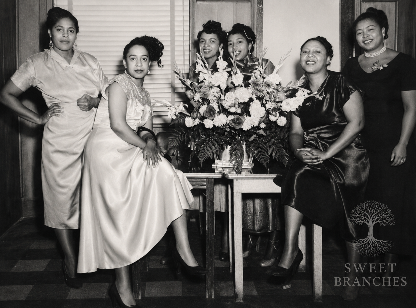 Seven women dressed in elegant evening gowns pose around a table with a large floral arrangement. They are smiling and standing or sitting in front of a wooden wall with blinds.