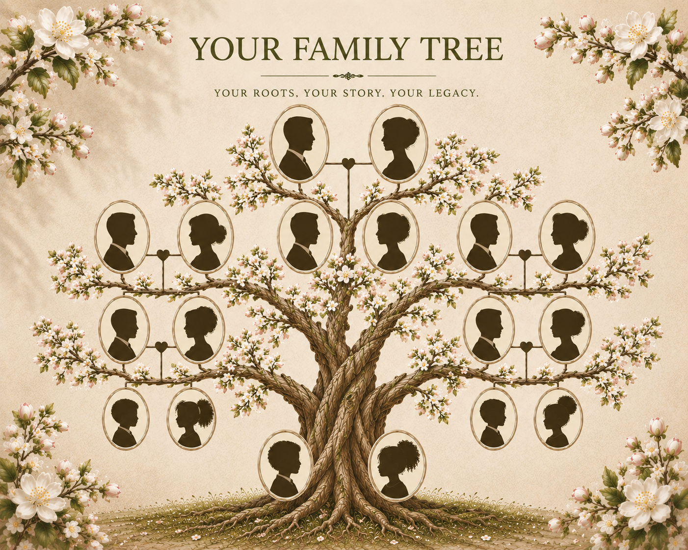 A family tree with silhouettes of people in oval frames, surrounded by pink and white cherry blossoms on branches, set against a beige background with the title 'Your Family Tree' and the phrase 'Your roots, your story. your legacy.'
