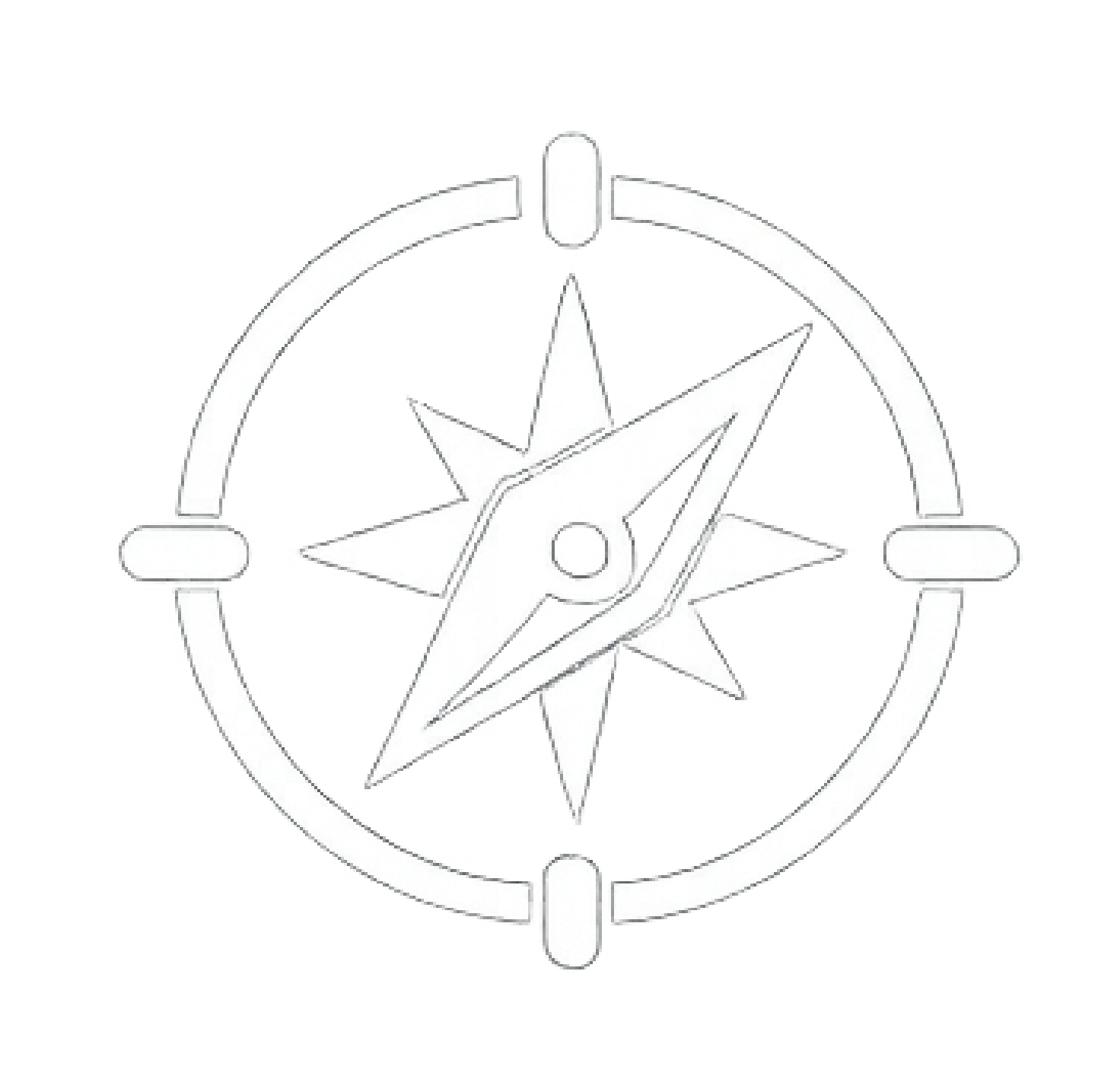 A black and white illustration of a compass rose enclosed within a circular border with four markers at the cardinal directions.