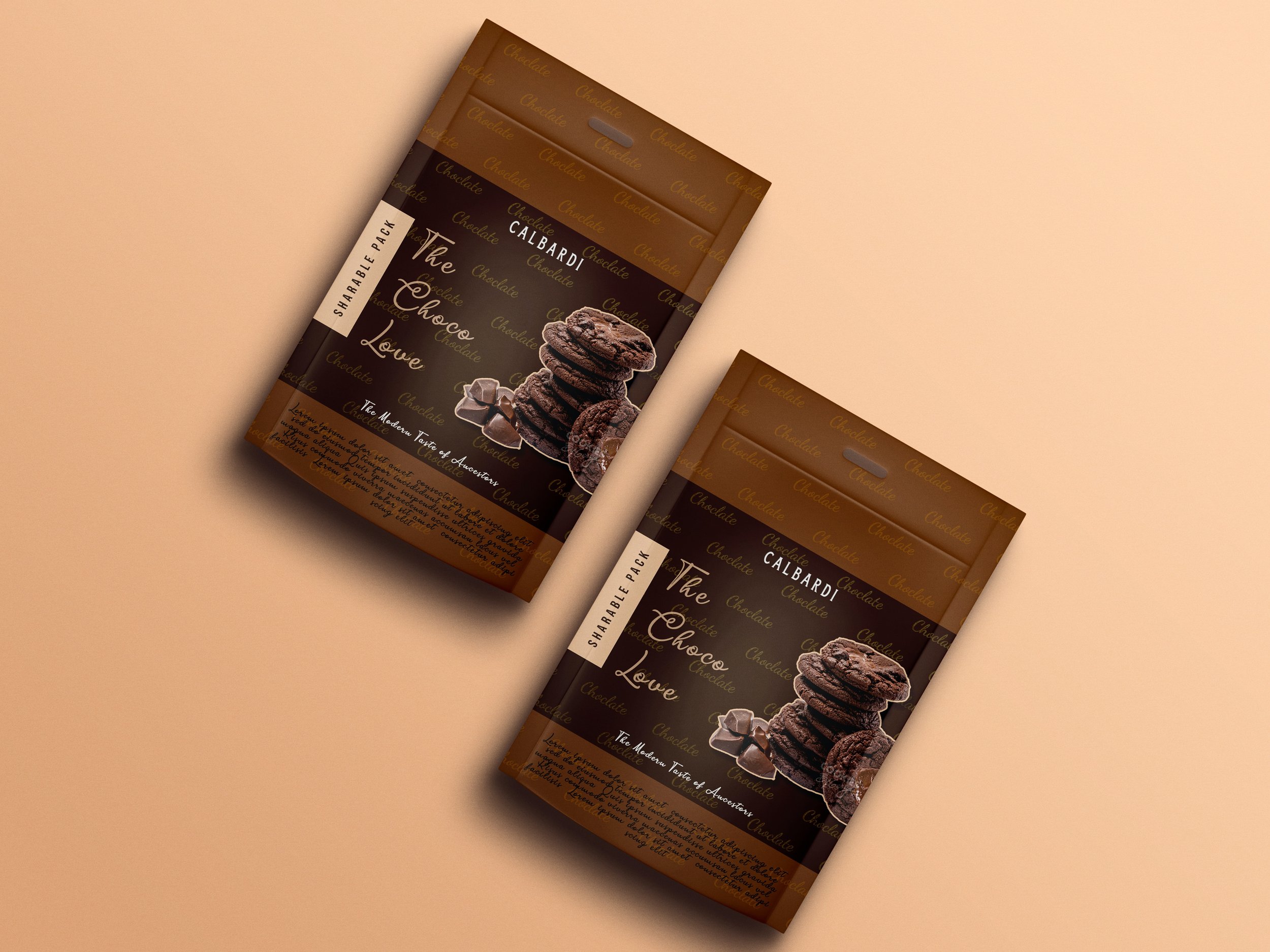 A chocolate flavor variety pack of Calardi The Choco Love with an image of stacked chocolate cookies and pieces of chocolate.