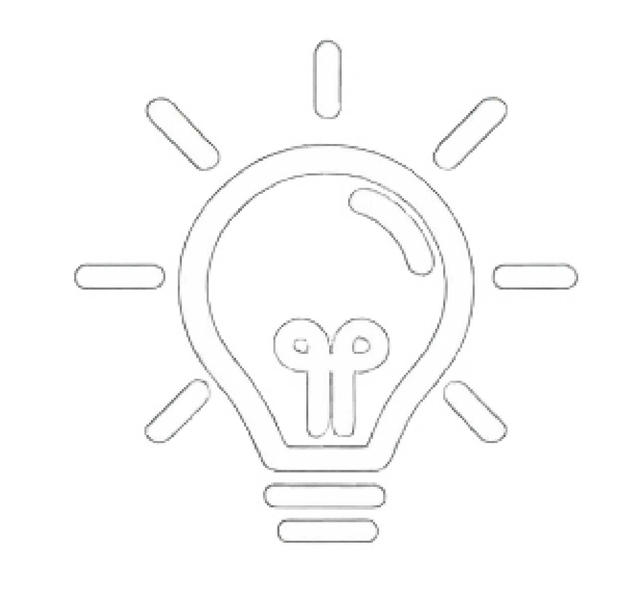Light bulb icon with a filament shaped like a human head with a brain and light rays radiating out.