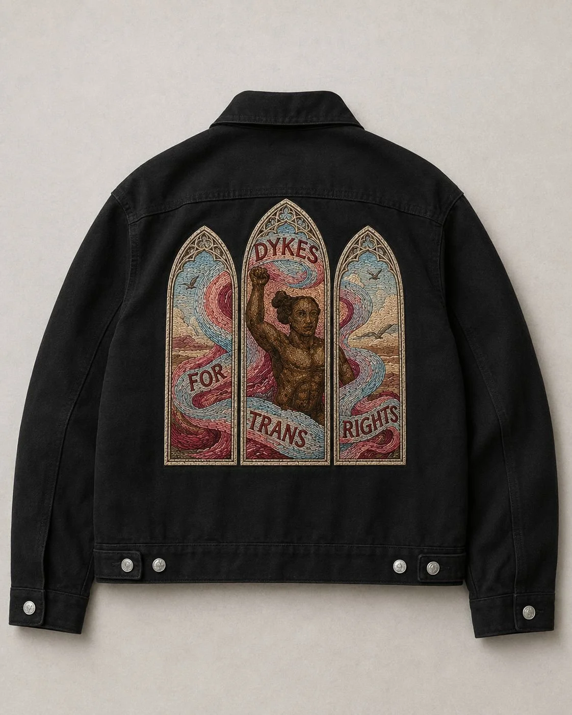 Cathedral Denim Jacket with "Dykes for Trans Rights" written in an image of a david-like statue with scars and a fist up surrounded by a trans flag banner.