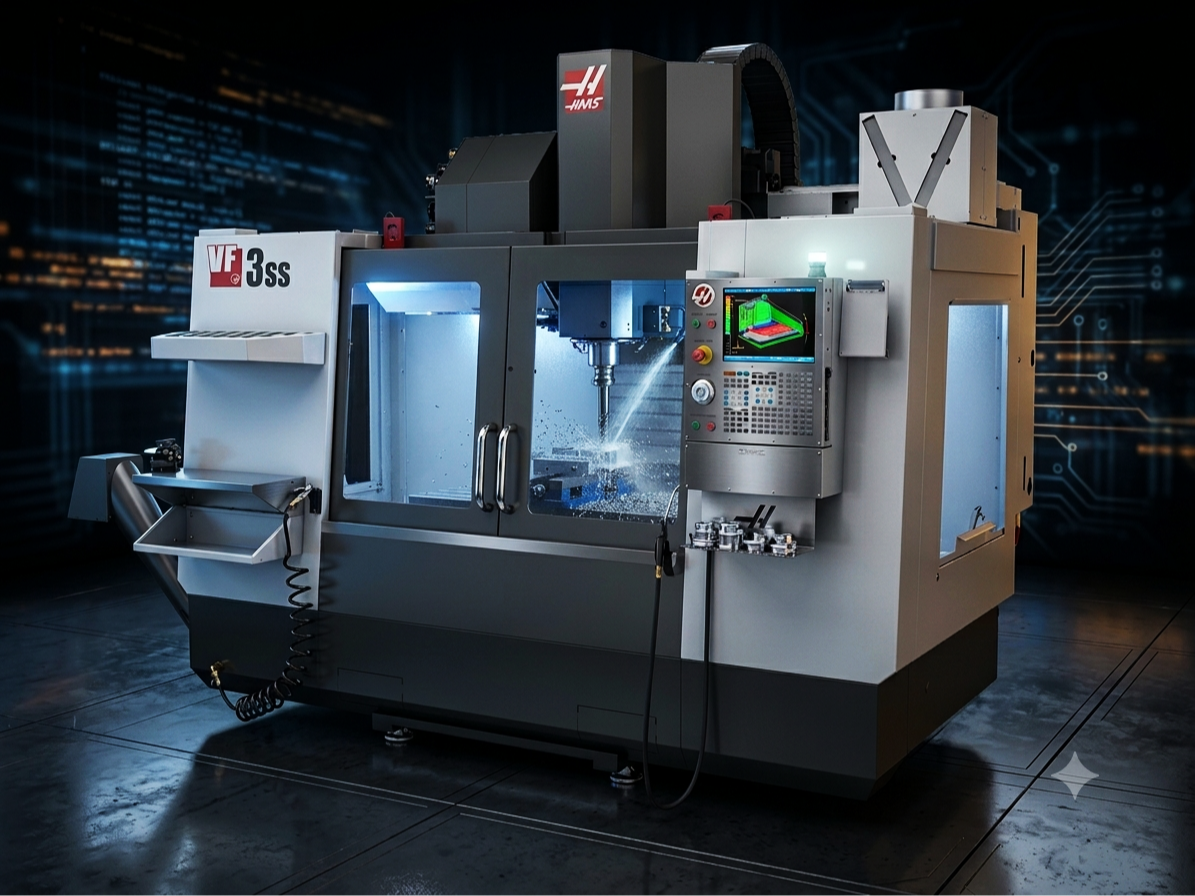 A CNC machine in a manufacturing facility, with a digital control panel and a machining area.