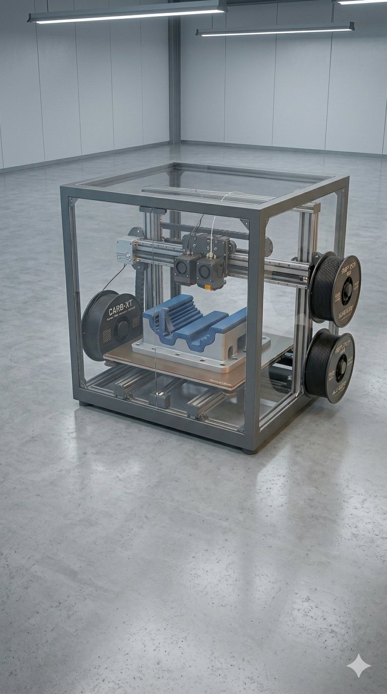 A robotic machine enclosed in a glass case with a metal frame, situated in a minimalistic, well-lit room with white walls and concrete flooring.
