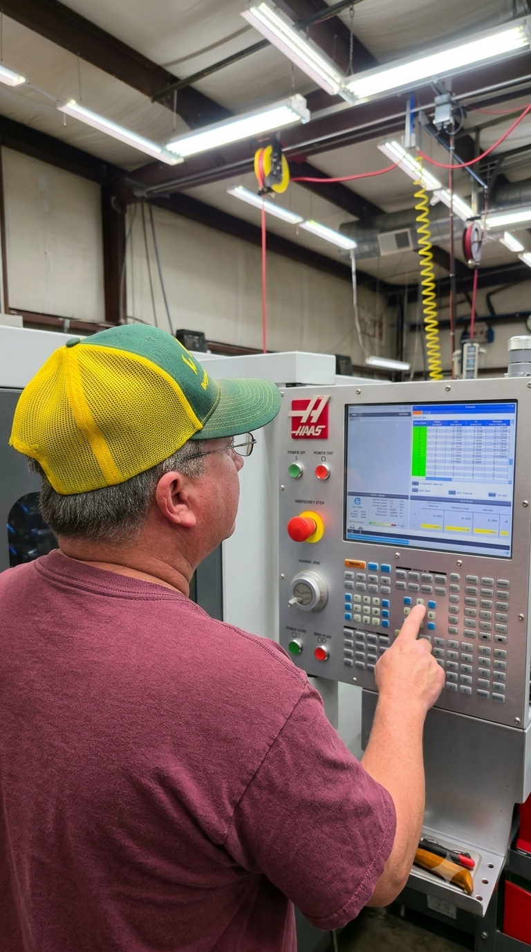 A man wearing a green and yellow baseball cap and glasses operating a Haas CNC machine in a manufacturing workshop.