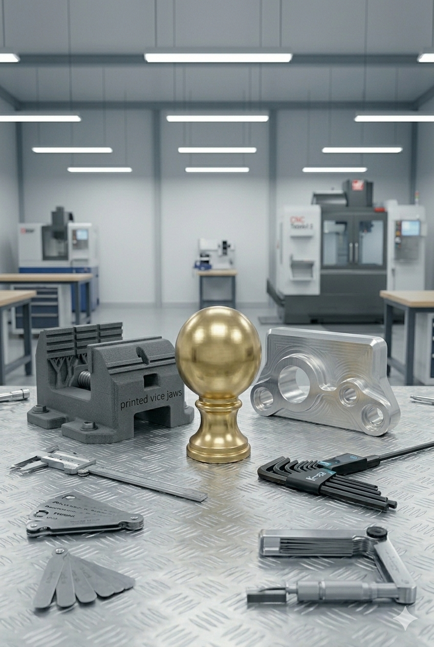 A collection of precision measurement tools and mechanical components on a metallic worktable in a machine shop with CNC machines and workbenches in the background.