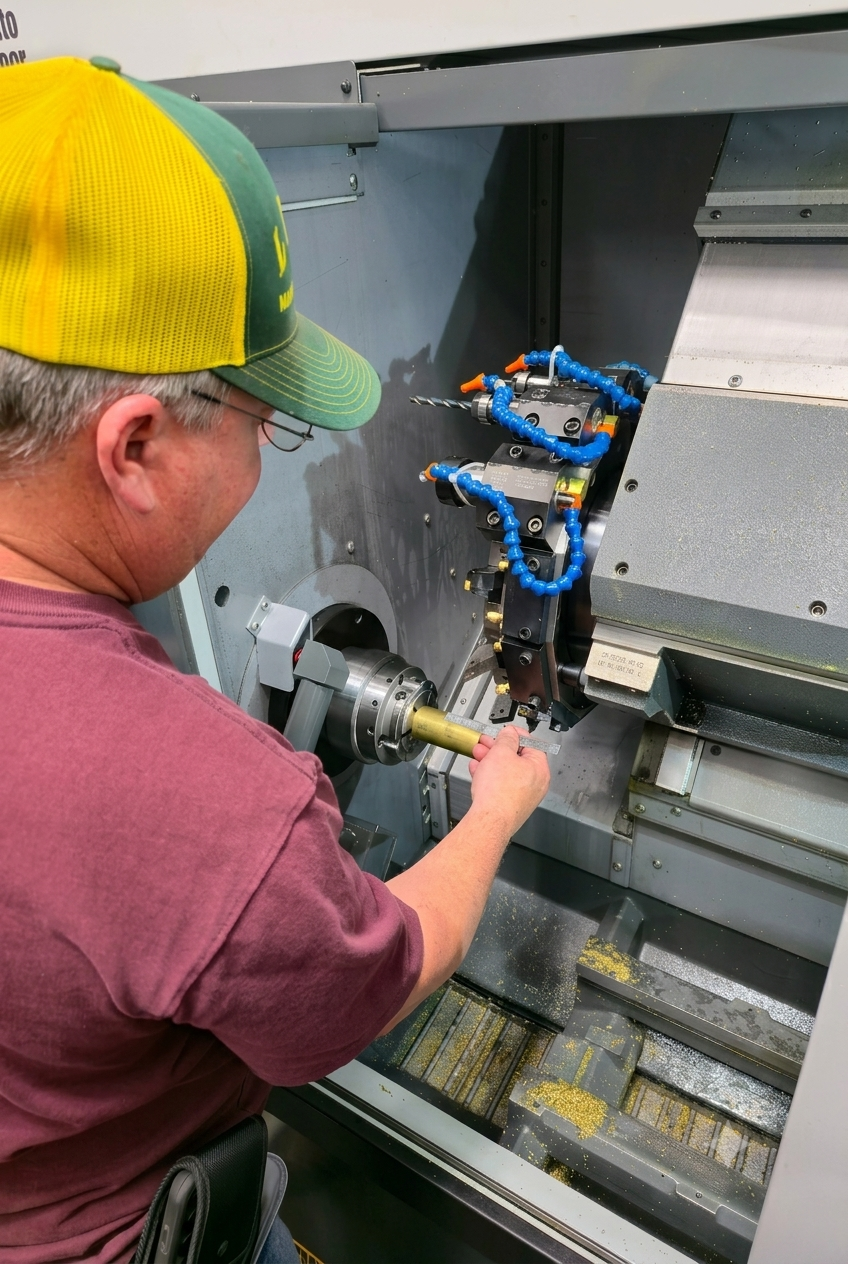 A man operating a CNC lathe machine, drill bit in use, with metal shavings scattered below.