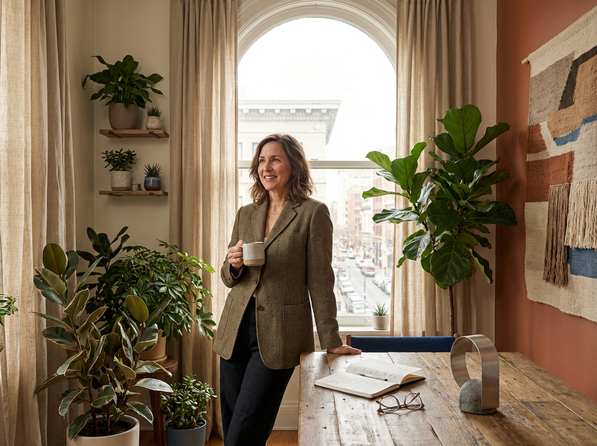 A woman in a brown blazer holding a mug, smiling, in a cozy, plant-filled room with a large window and city view.