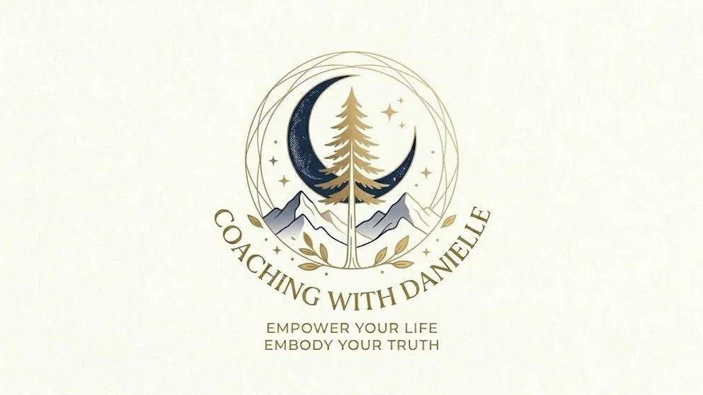 Logo for Coaching with Danielle featuring a mountain landscape, a pine tree, stars, a crescent moon, and motivational phrases.