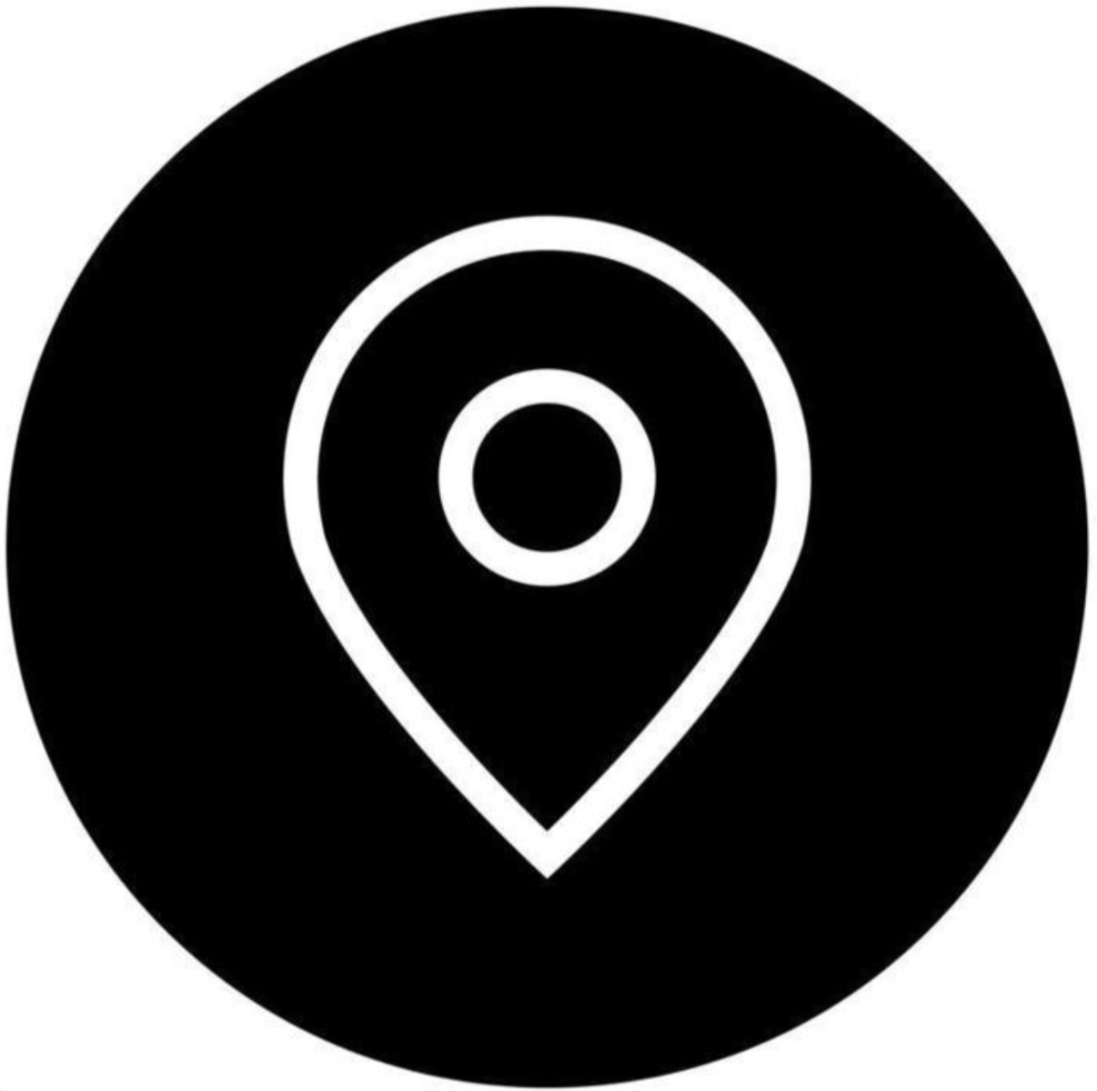 Black and white map location pin icon on a black circular background.