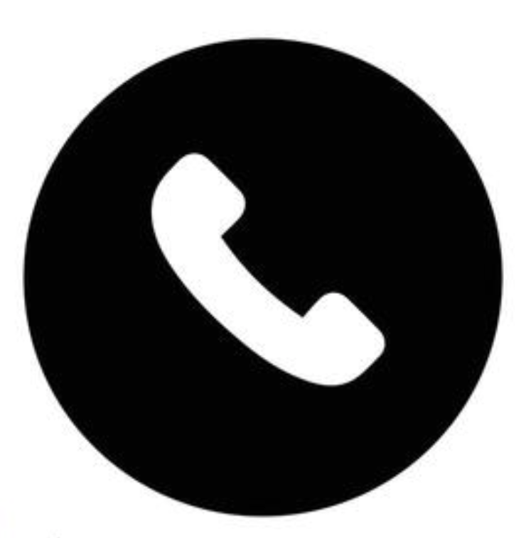 Icon of a white telephone handset on a black circular background.