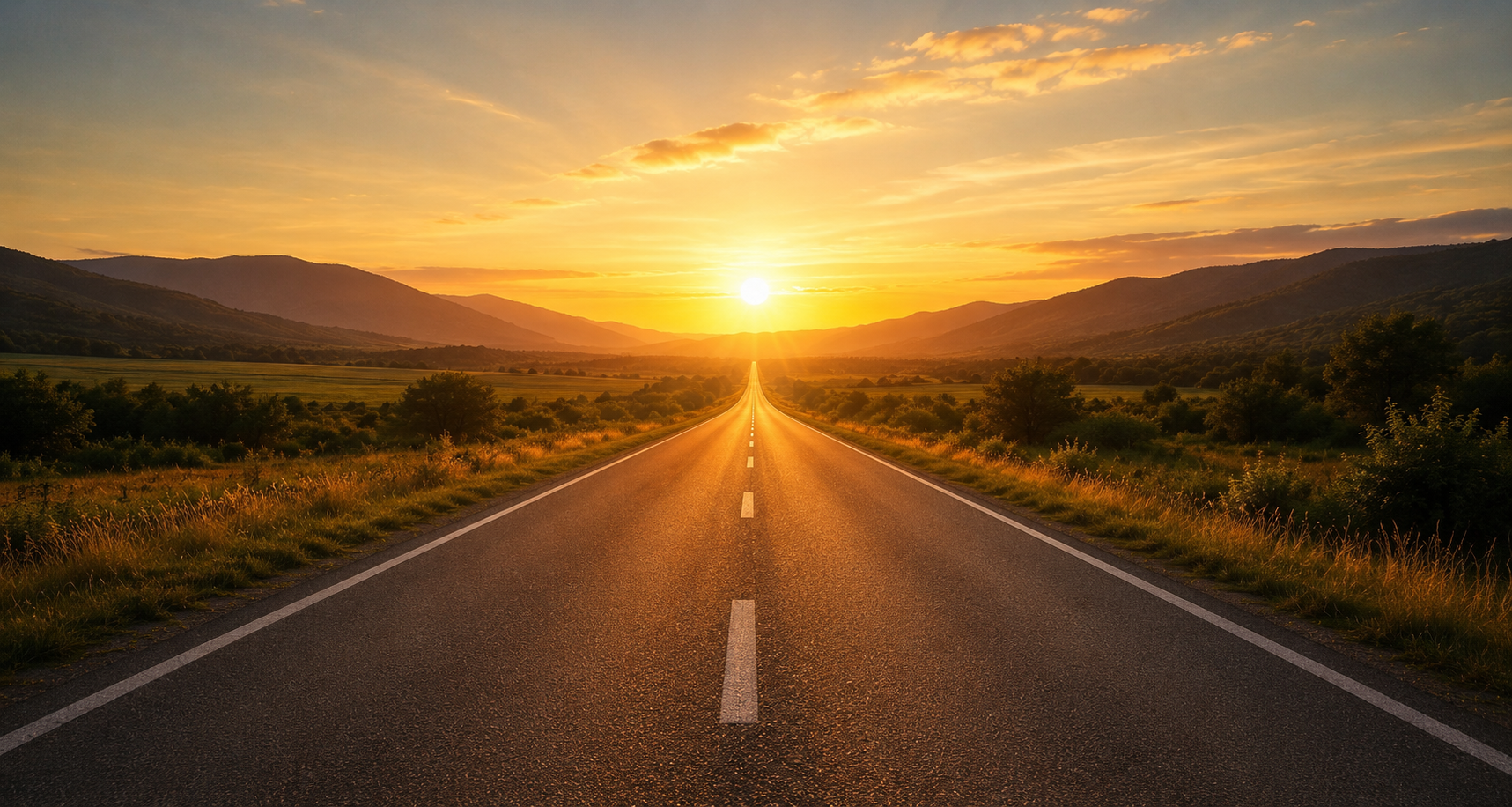 A straight road extending into the horizon during sunset, surrounded by green fields and mountains.