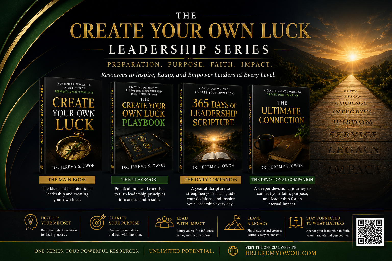Promotional display of four leadership books by Dr. Jeremy S. Owoh, titled 'Create Your Own Luck,' 'The Create Your Luck Playbook,' '365 Days of Leadership Scripture,' and 'The Ultimate Connection,' with themes of preparation, purpose, faith, impact, and creating a legacy.