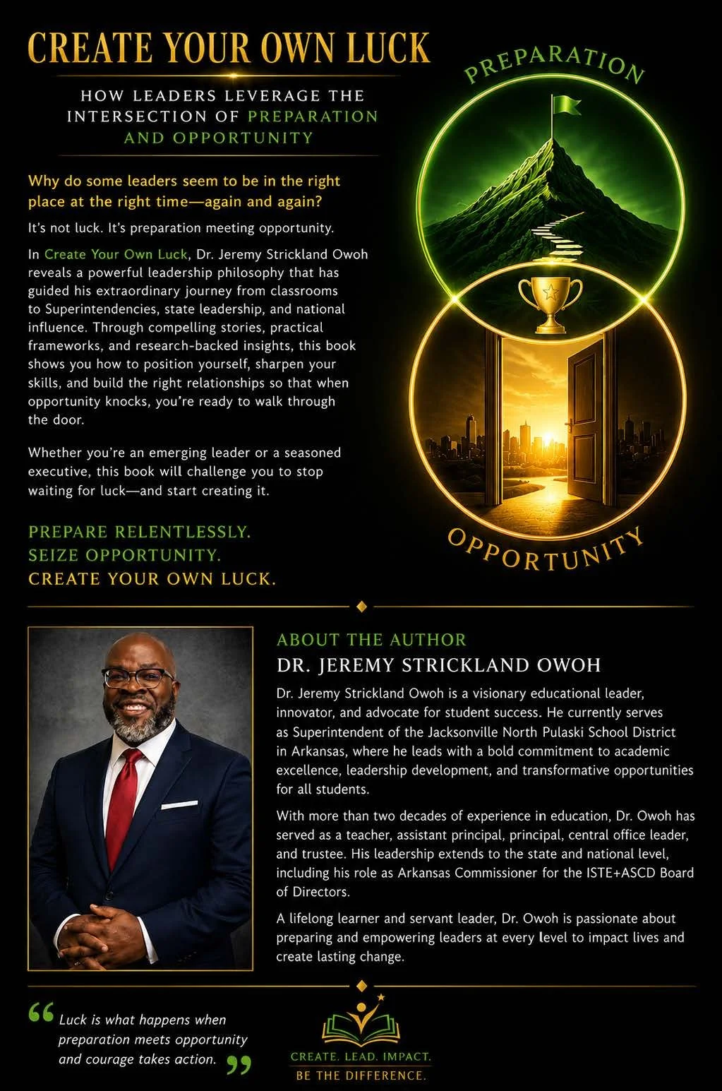 Poster promoting leadership and success, titled 'Create Your Own Luck', featuring a mountain with a flag, a trophy, an open door revealing a city skyline at sunset, and a photograph of Dr. Jeremy Strickland Owoh with a brief bio.