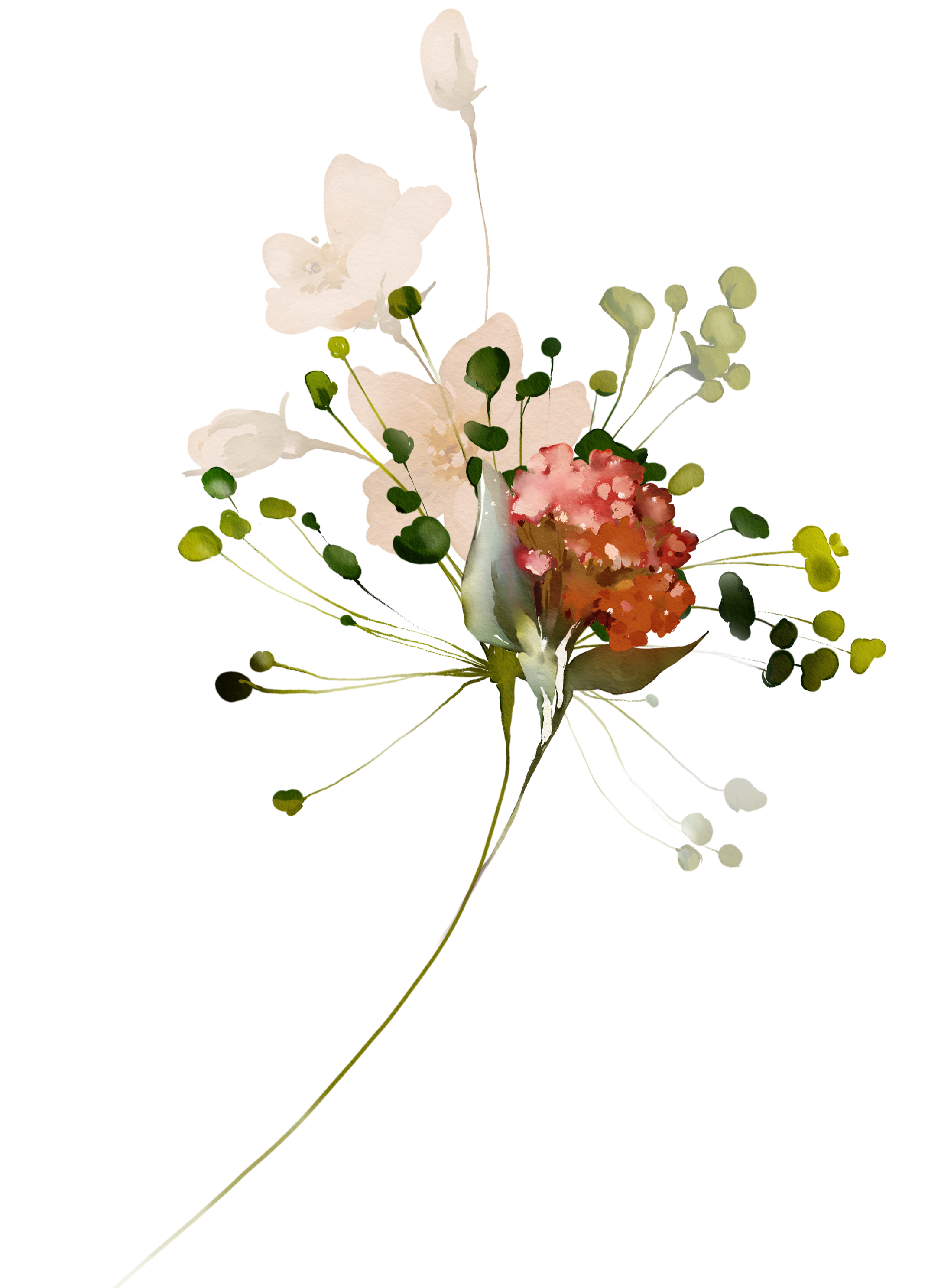 Watercolor illustration of a minimalist bouquet with white and pink flowers in a small vase, inspired by Cristina Nicole Flower Farm in Greece.