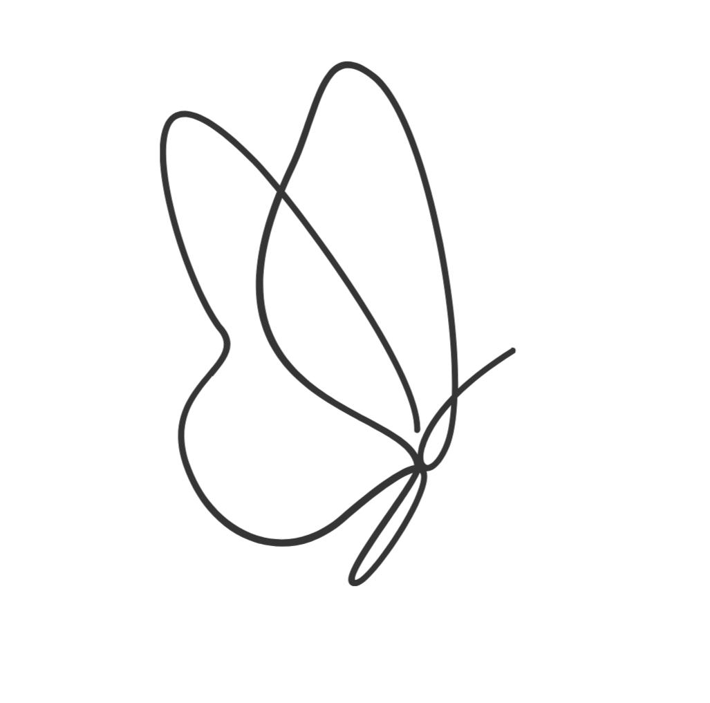Minimalist line drawing of a butterfly with delicate open wings.