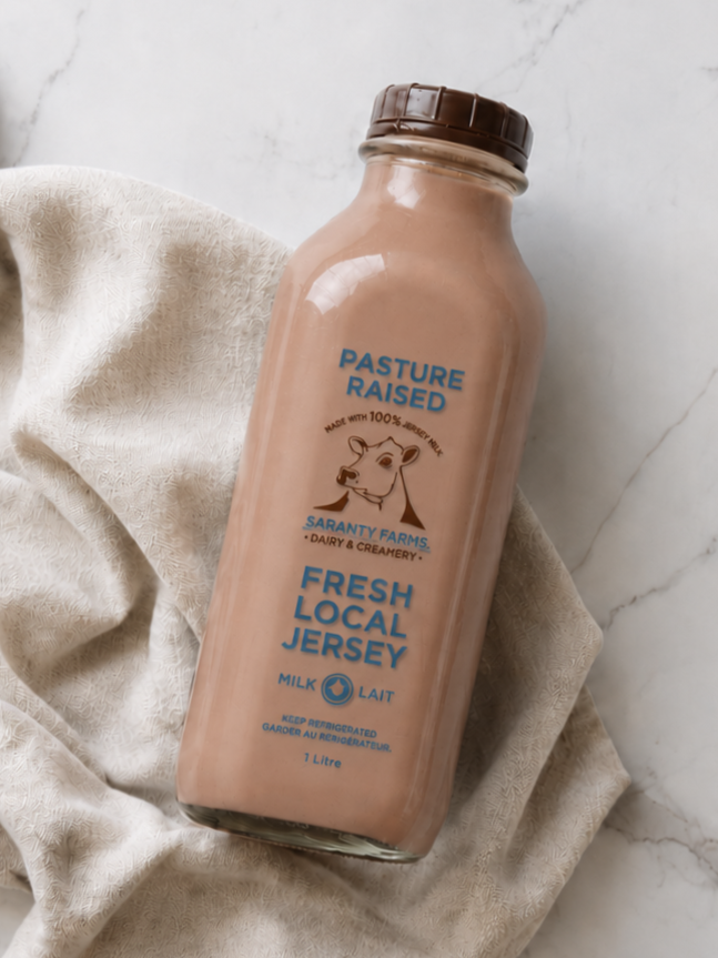 A glass bottle of fresh local Jersey milk with a brown lid, placed on a cream-colored fabric. The label shows it is pasture-raised, made with 100% Jersey milk, from Saranty Farms, and contains 1 liter of milk.