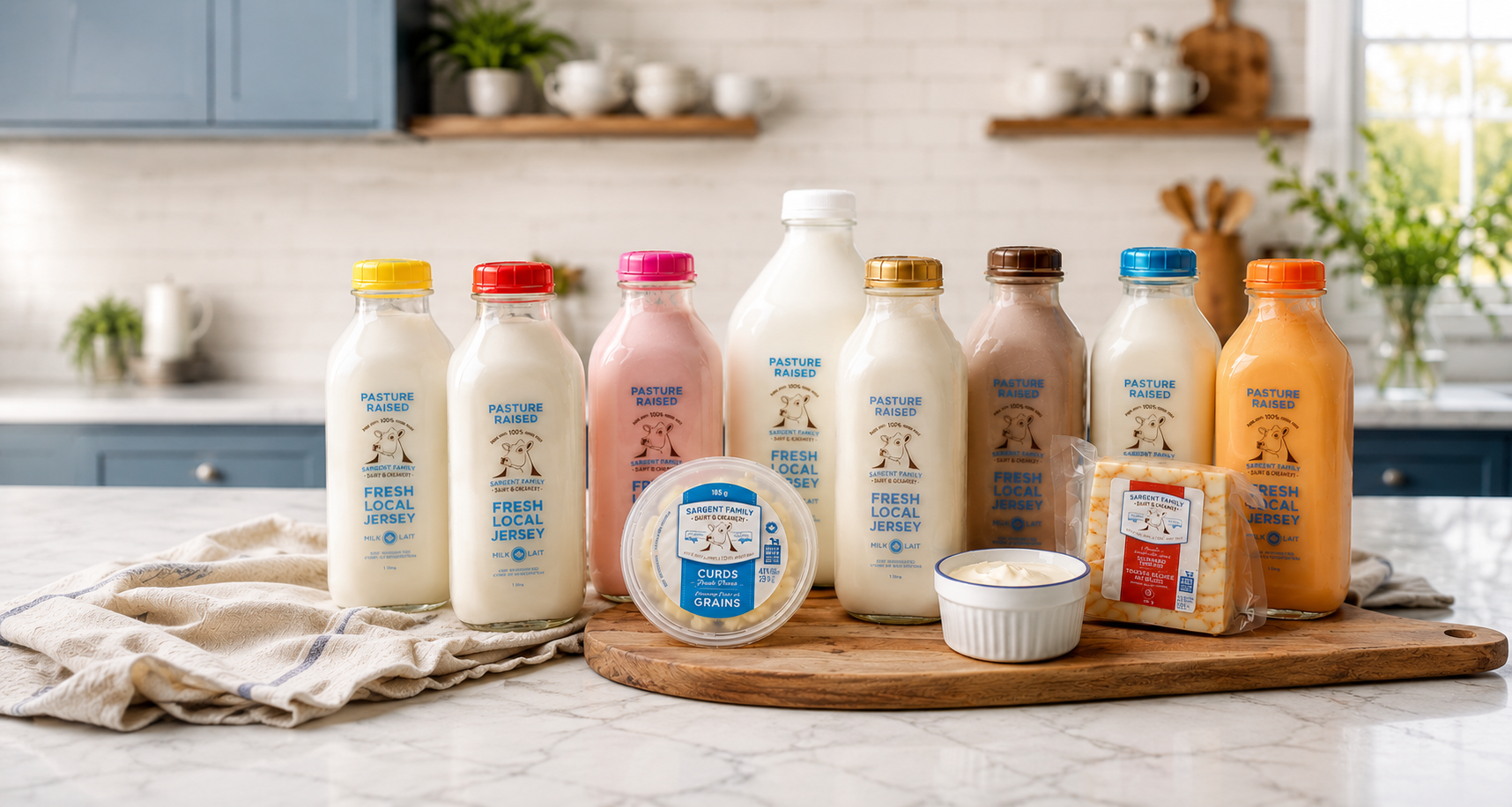 Various bottles of fresh local Sargent Family Dairy products including milk, yogurt, and cheese on a kitchen countertop.