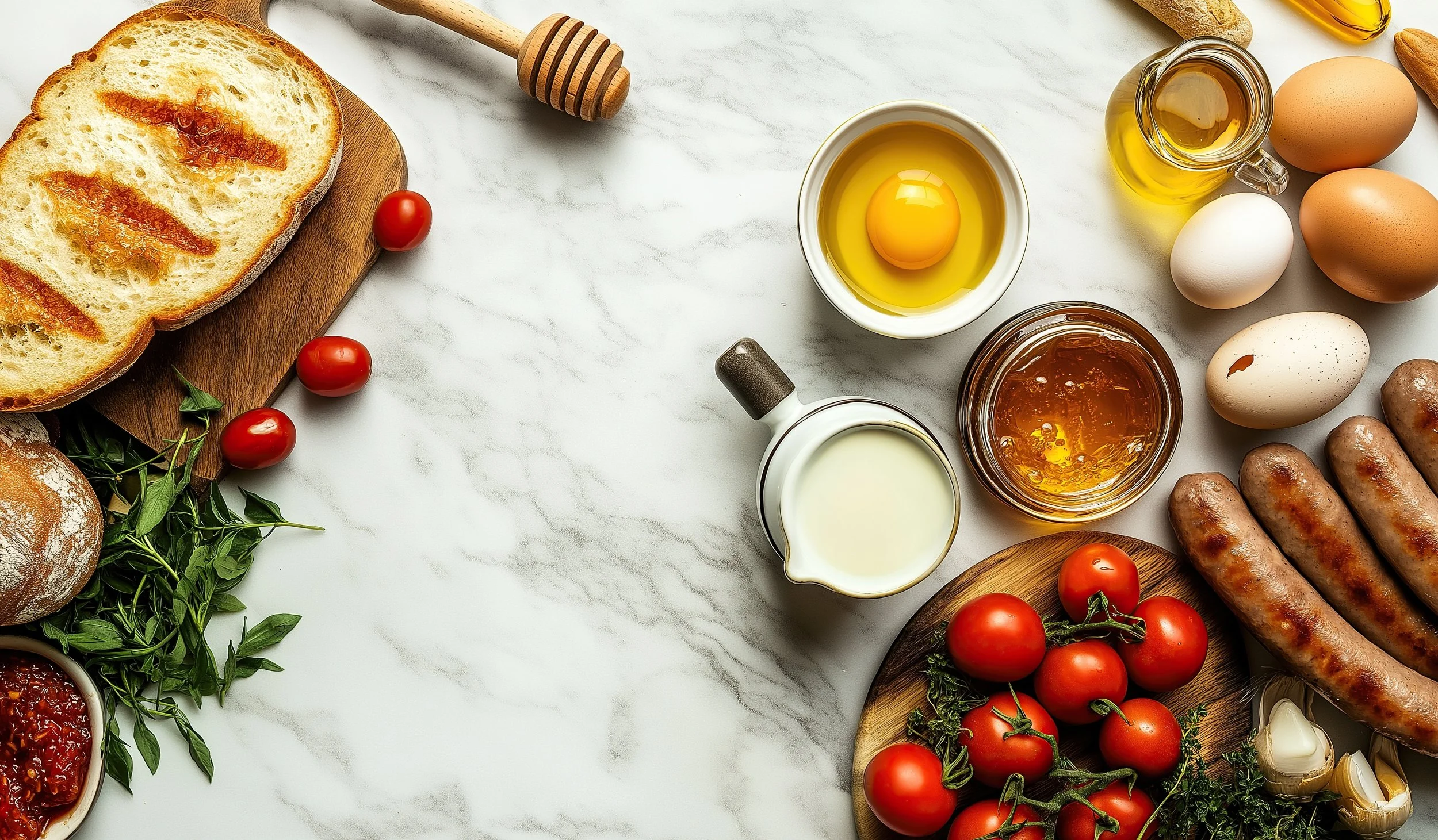 A flat lay of breakfast ingredients including slices of toasted bread on a cutting board, cherry tomatoes, eggs, sausages, honey, milk, syrup, and fresh herbs on a white marble surface.