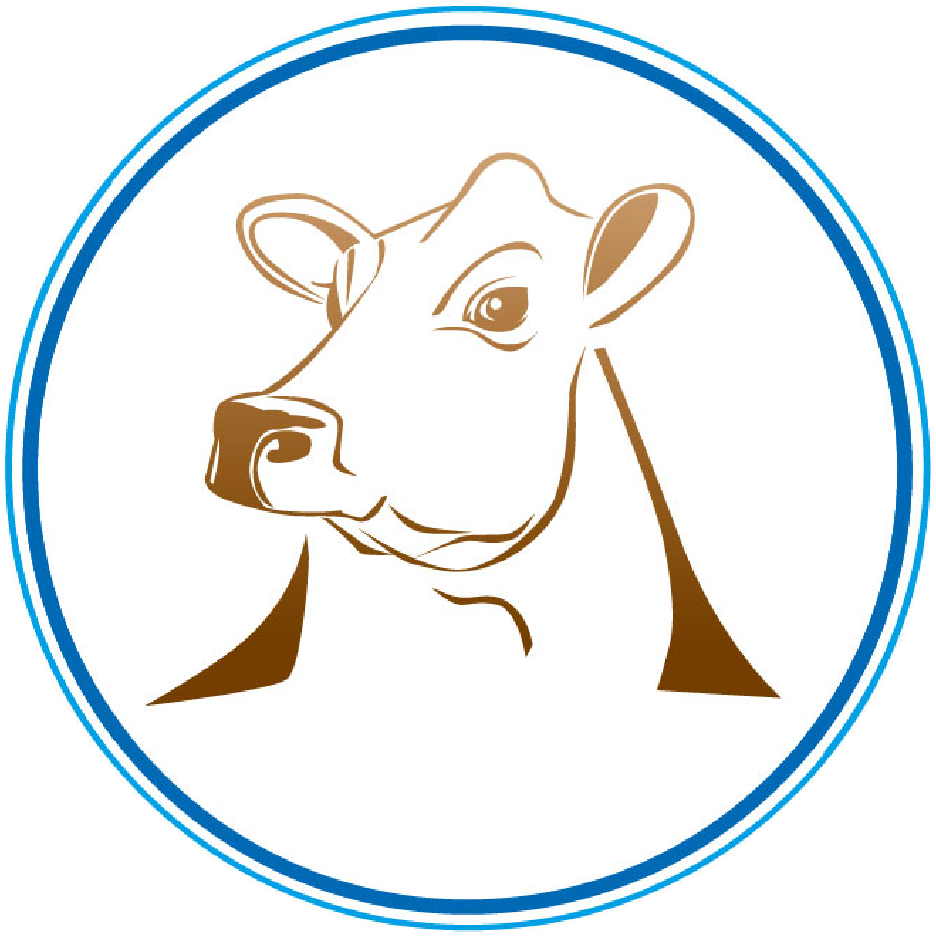 Stylized drawing of a cow's head inside a circular border with blue outlines.