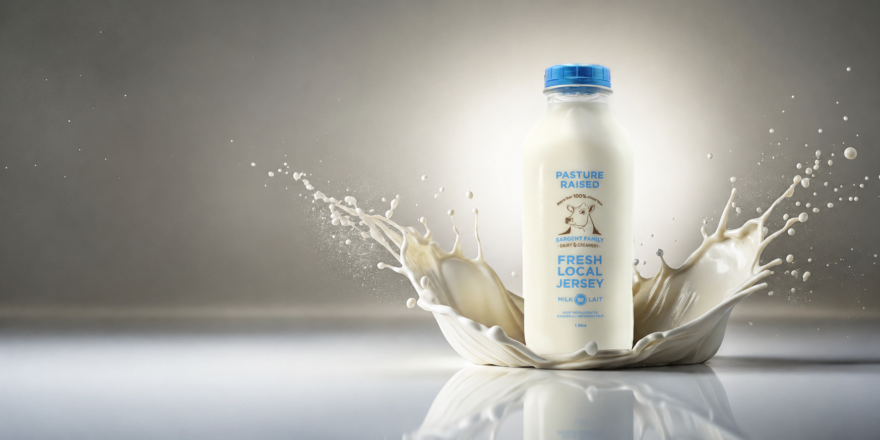 A bottle of fresh milk with a blue cap, labeled 'Pasture Raised' and 'Fresh Local Jersey Milk,' splashing into a pool of milk on a reflective surface against a gray background.