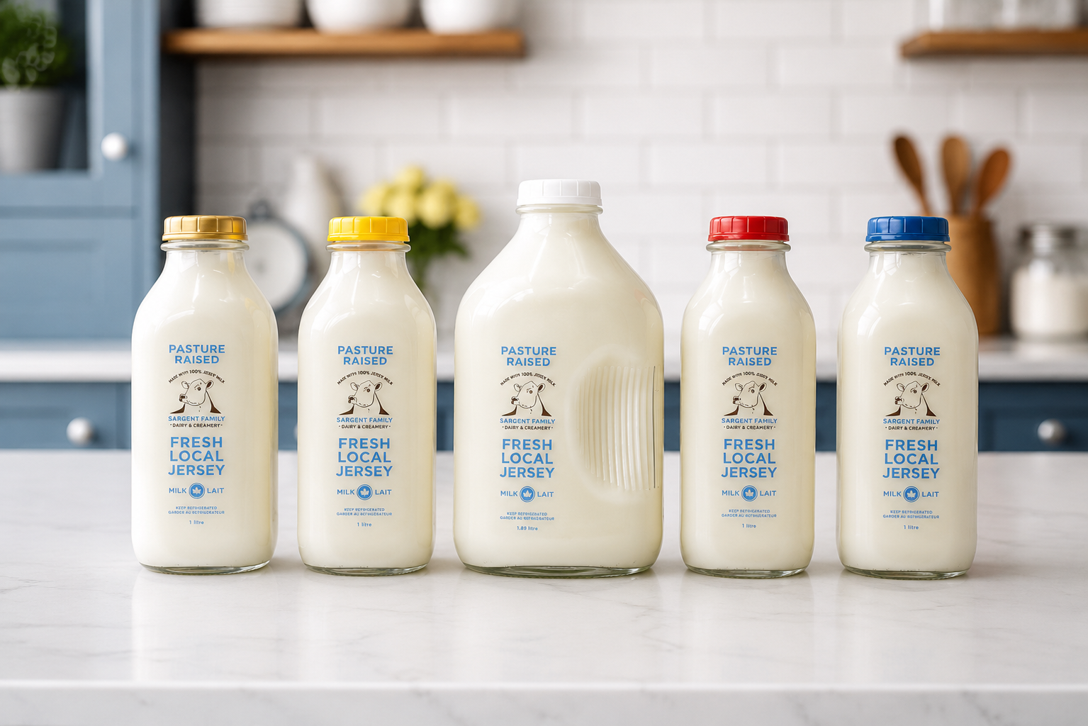 Five bottles of fresh local Jersey milk on a white kitchen countertop with blue cabinets and a white brick wall in the background.