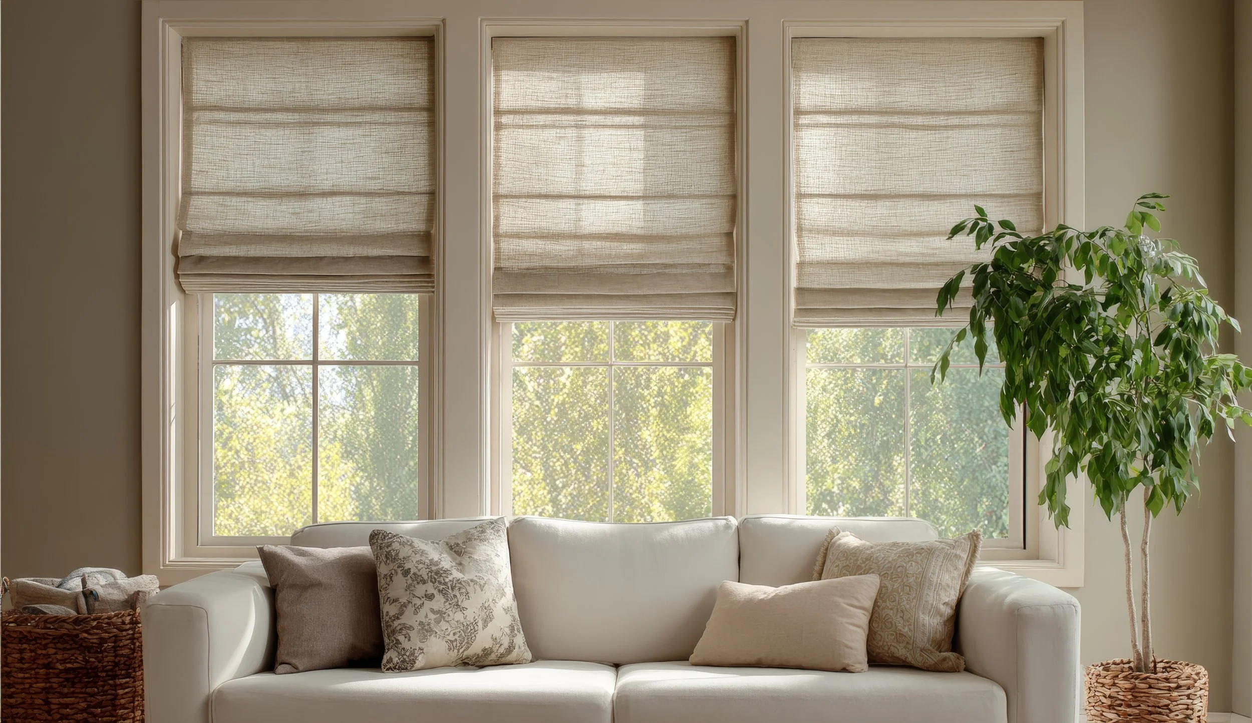 Living room windows with beige shades and a white sofa with decorative pillows, next to a potted plant.