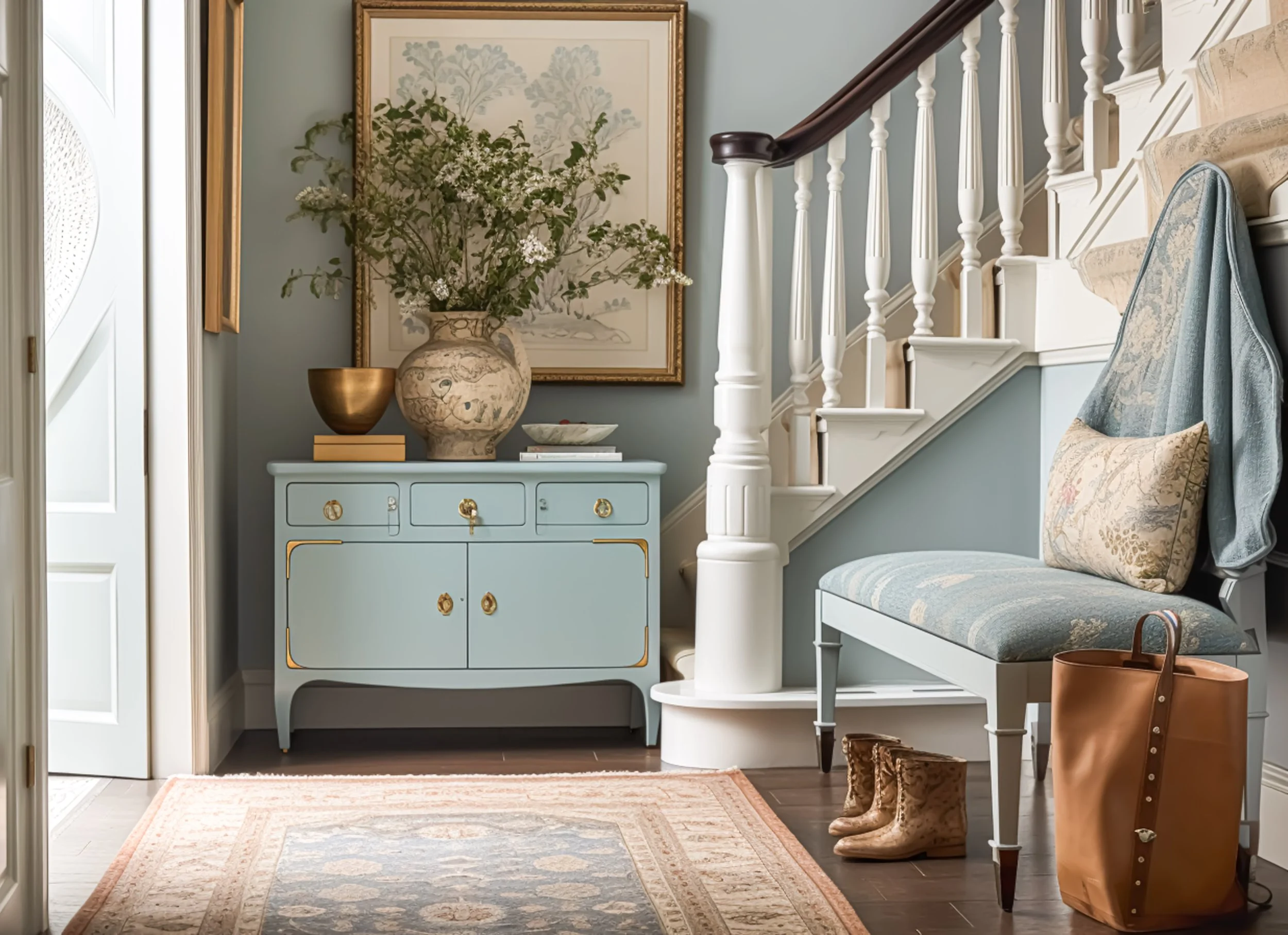 An entryway hall with a light blue cabinet, decorated with two large vases, one with flowers. There is a framed artwork on the wall, stairs with white spindles and a dark wood handrail, a patterned chair with cushions, and a tan handbag and cowboy boots on the floor.