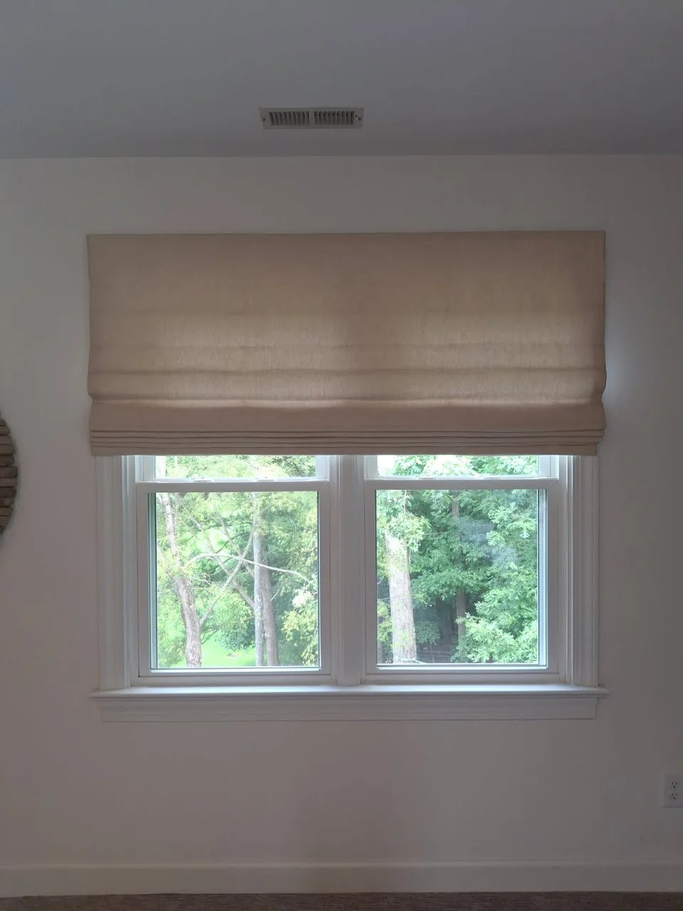 A window with two panes, topped with a beige Roman shade, showing trees and greenery outside.