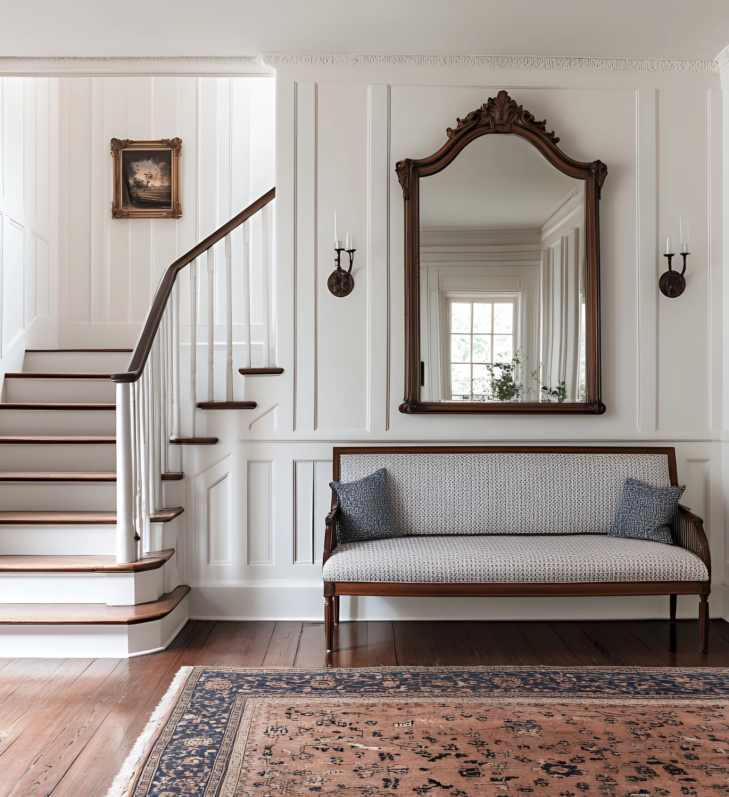 A hallway with white paneled walls and a dark stained hardwood floor. There is an ornate wooden framed mirror, two wall sconces with candles, a framed painting, a staircase with white balusters and a dark wooden handrail, a vintage patterned rug, and a white-paneled door at the end of the hallway with large windows letting in natural light.