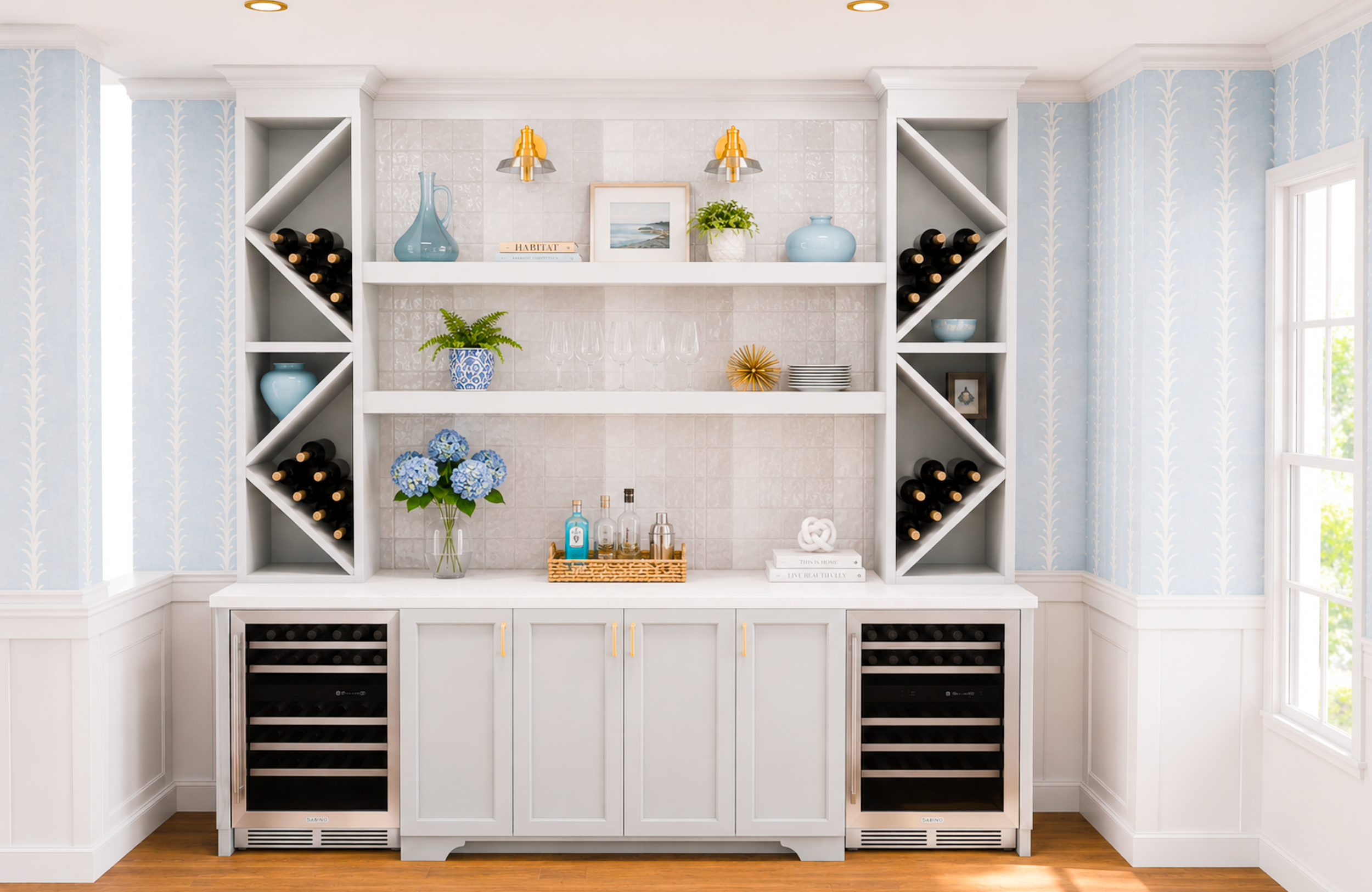 A built-in white wine storage cabinet with shelves of wine bottles, decorative blue vases, green plant, gold and silver sconces, framed artwork, and a countertop with blue hydrangea flowers, glassware, and a basket of beverage bottles. The room has l
