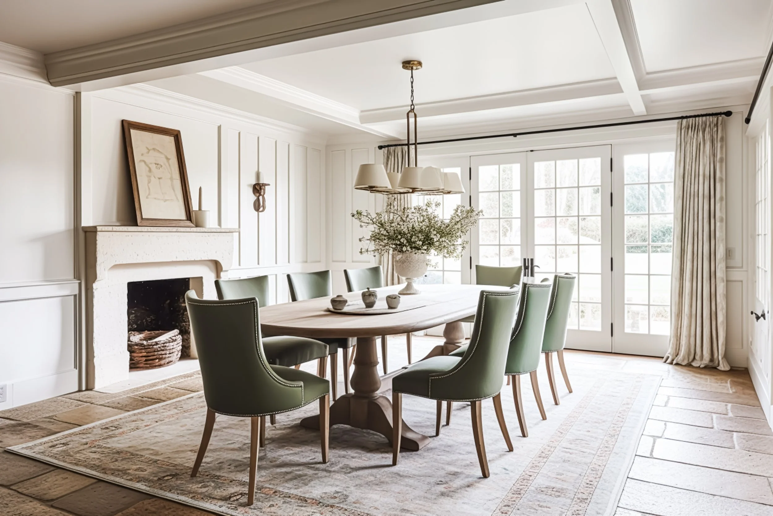 A dining room with a large oval wooden table surrounded by green upholstered chairs. There is a white carved fireplace with a framed picture leaning against the wall above it. A chandelier with multiple shades hangs over the table, and a large floral arrangement is in the center. French doors with curtains lead to an outside garden.