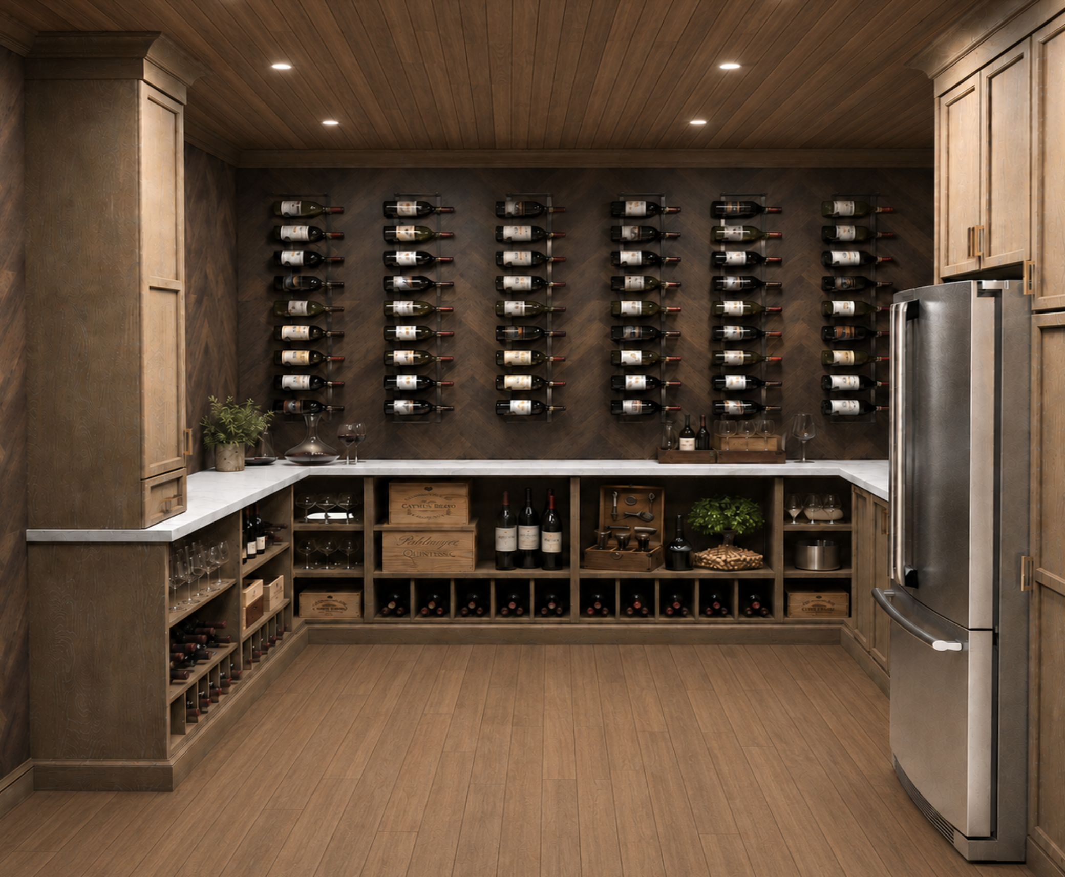 View of a wine cellar with wooden shelves holding bottles of wine on the wall, wine glasses, and wine crates on the lower shelves.