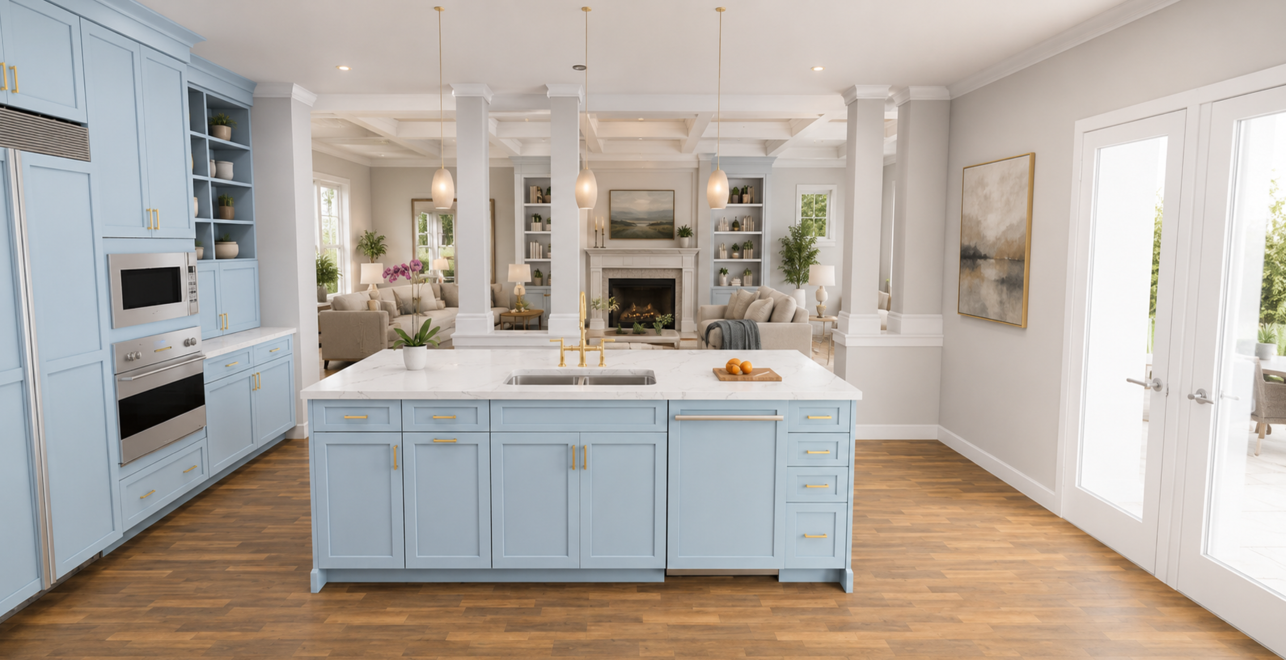 Bright, open-concept kitchen with light blue cabinets, white marble island, and gold hardware, overlooking a cozy living room with fireplace, beige sofas, and green plants.