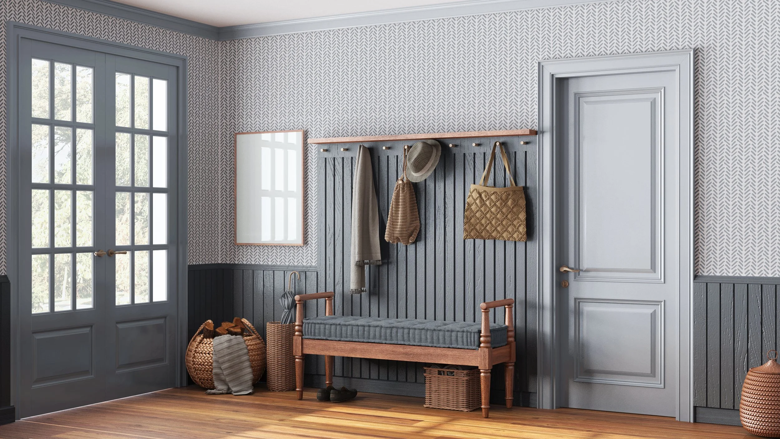 Interior of a mudroom with light gray patterned wallpaper, a bench with storage, woven baskets, and hooks holding bags, hats, and scarves, near a window and a door.