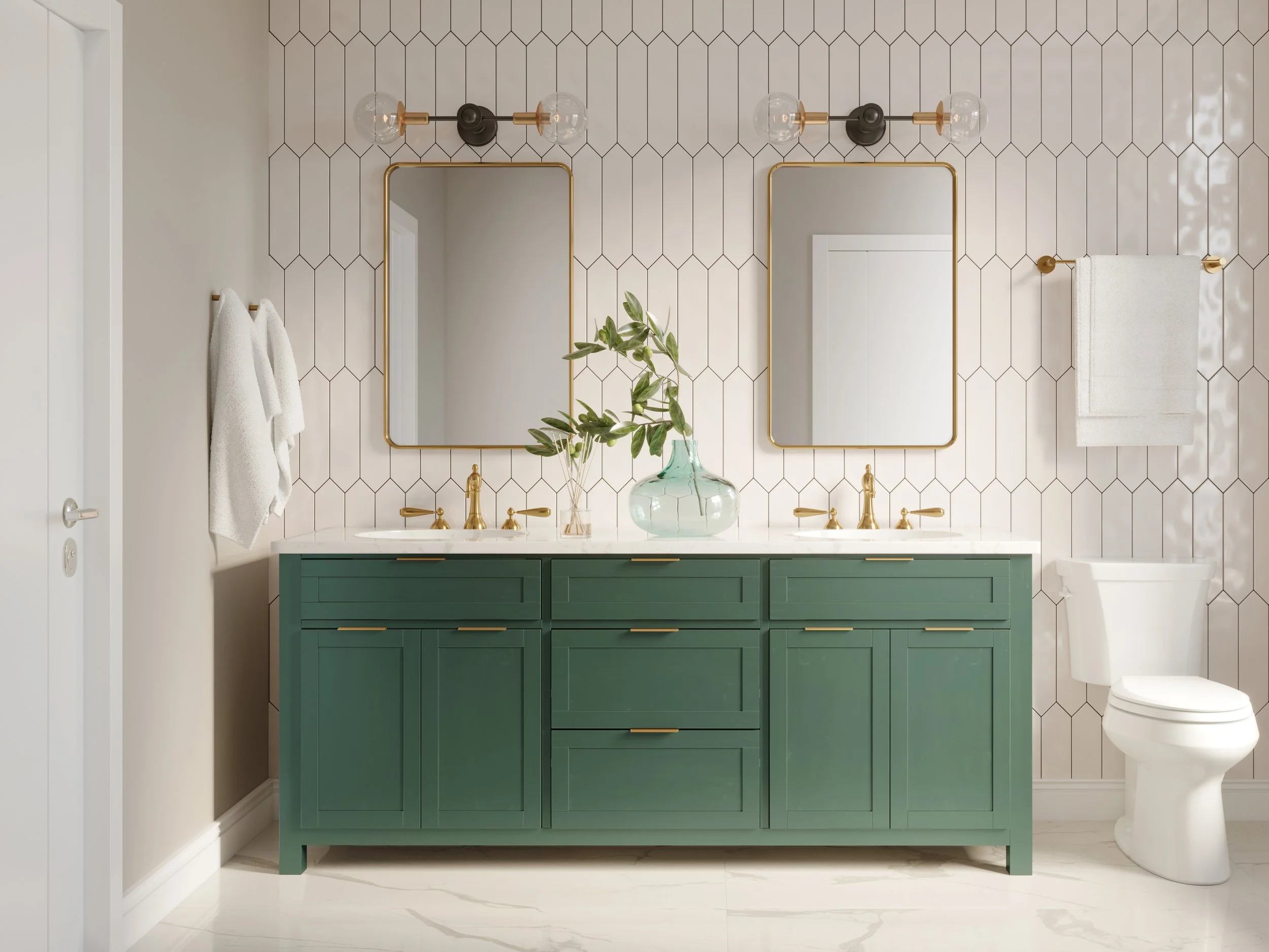 Modern bathroom with hexagon tile wall, green vanity, gold fixtures, and two mirrors, with towels on the left and a toilet on the right.