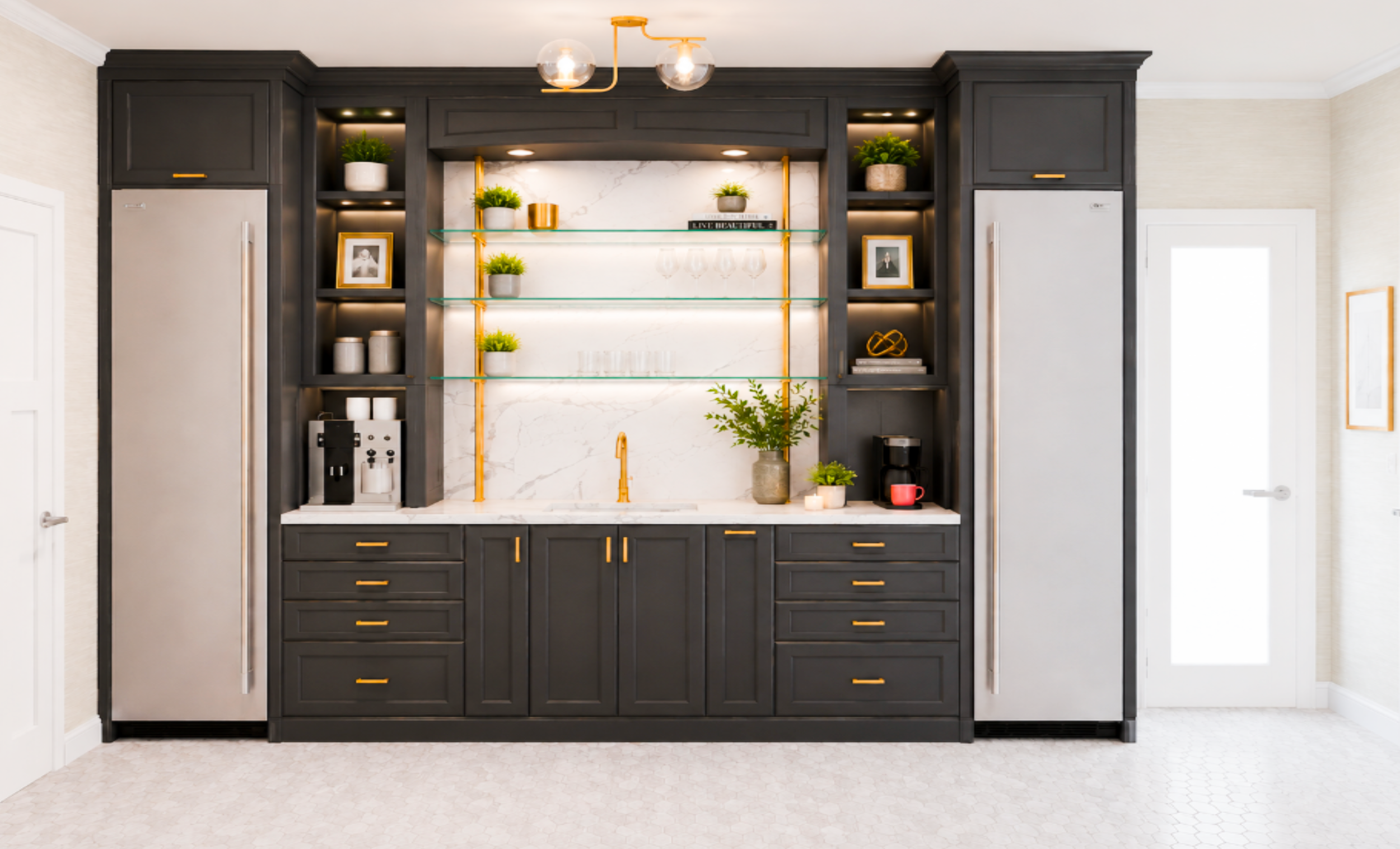 Modern kitchen with black cabinets, glass shelves, decorative plants, framed photos, a coffee machine, and a water dispenser.