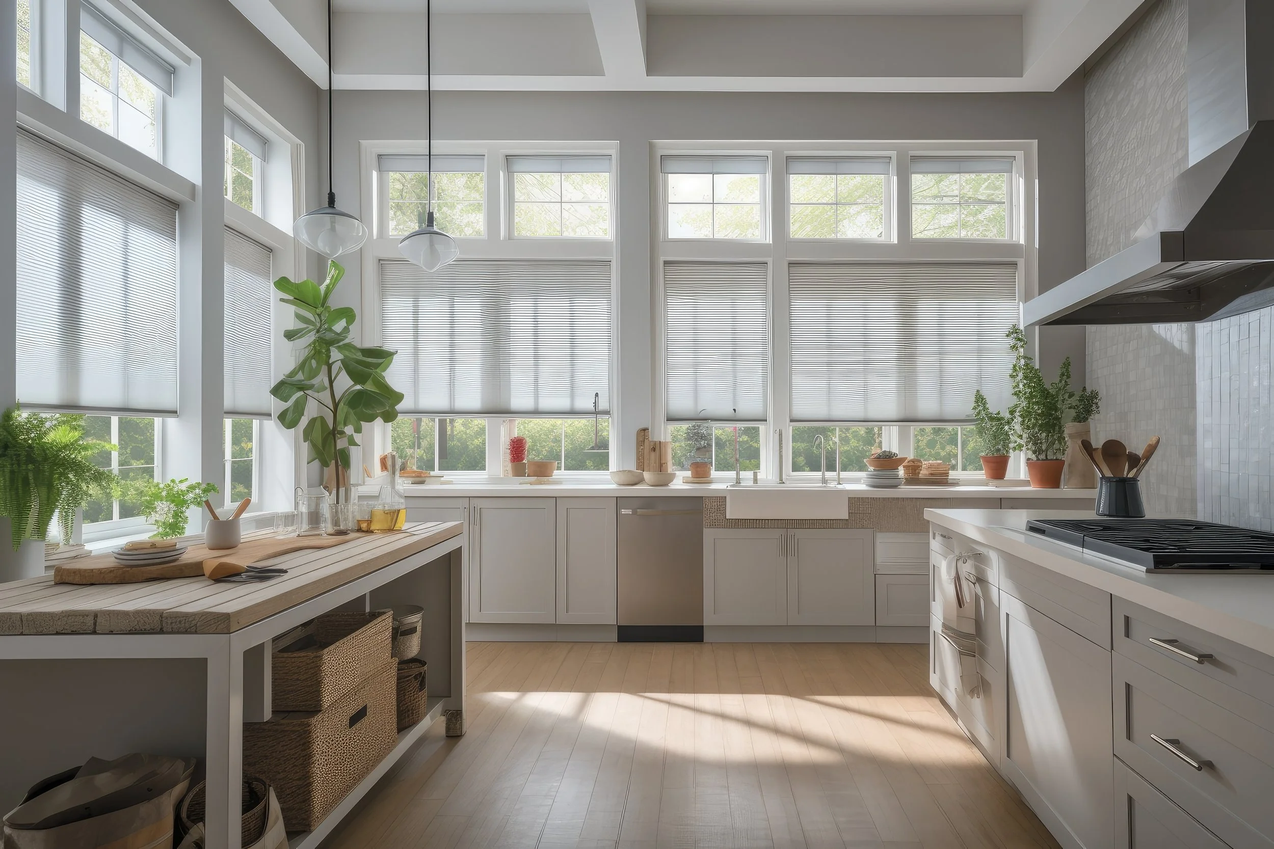 A bright, modern kitchen with large windows, white cabinets, a wooden countertop, and various green plants.