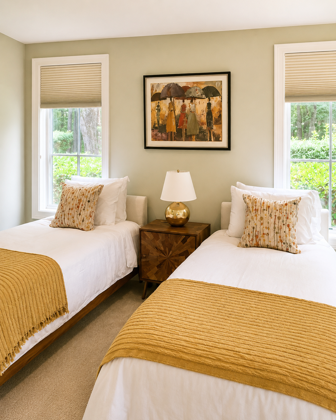 A bedroom with two twin beds with white bedding, a wooden nightstand with a gold lamp, and framed artwork of people holding umbrellas above the beds. Two windows with blinds show greenery outside.
