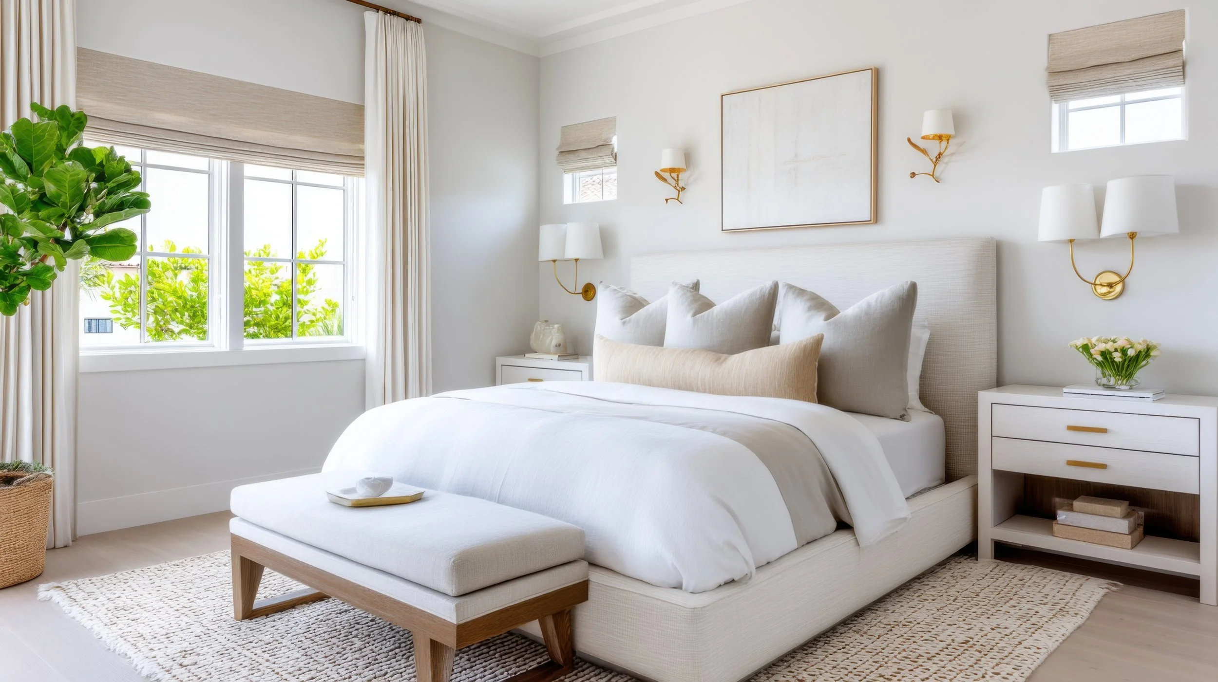 Bright and airy bedroom with white bedding, beige pillows, and white nightstands. Large window with beige curtains and a view of green foliage outside. Decor includes wall-mounted lamps, art, and a potted plant.