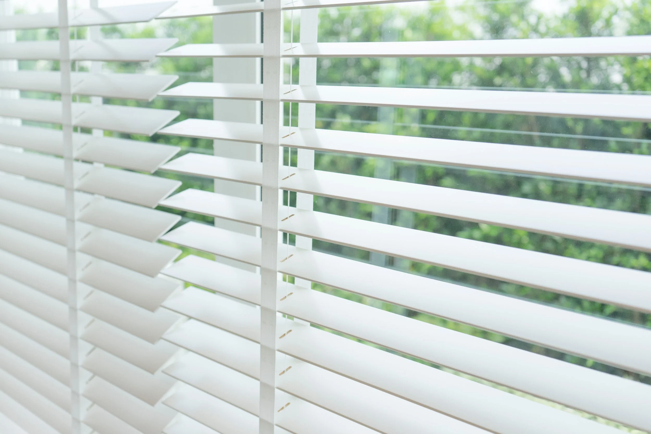 White window blinds partially open, showing green trees outside at a bright and sunny day.