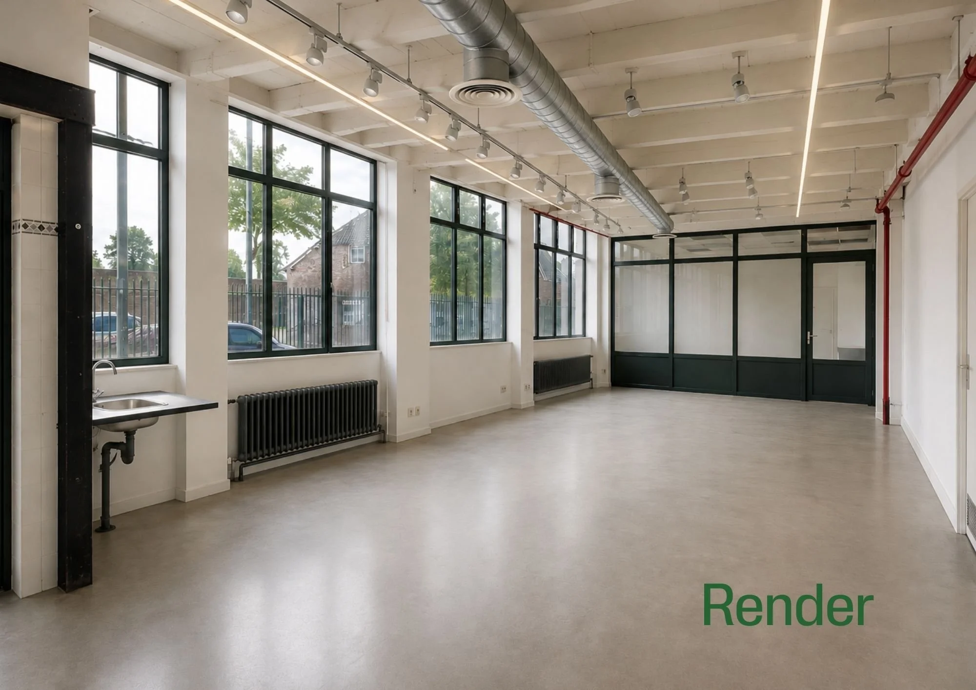 Interior of a modern, industrial-style room with large windows, exposed ductwork, track lighting, and neutral colored flooring.