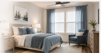 Bedroom with white walls, blue curtains, and a bed with blue and gray bedding. There is a nightstand with a lamp, a blue armchair, a dresser, and a potted plant. Two windows with blinds let in natural light.